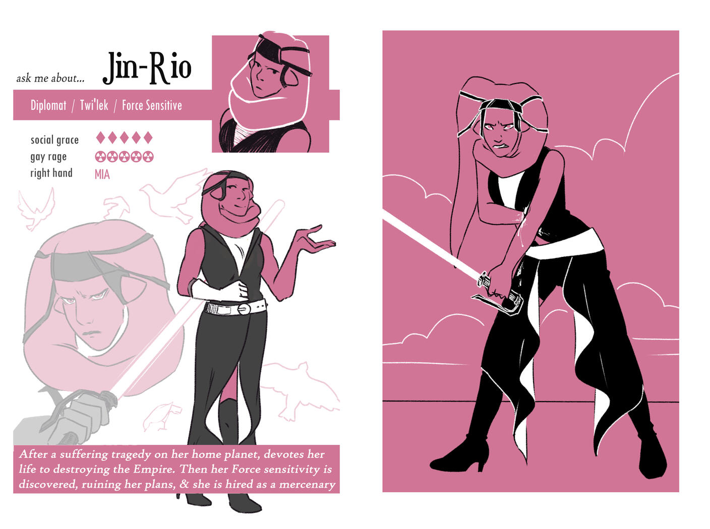 stat page for an OC or tabletop character and/or monochrome illustration (can be separate, or bundled together)