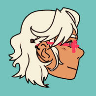 side view of head with white hair and pink glasses