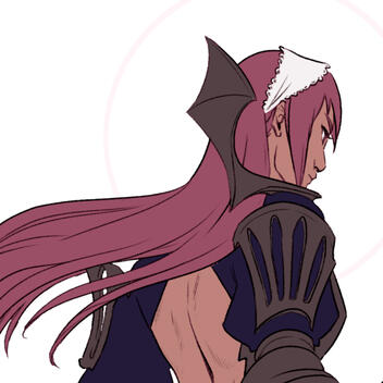 side view of head with white hair and pink glasses