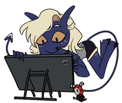 blue imp with white hair floating in front of a drawing tablet.